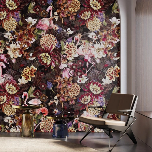 Carta da parati floreale con fenicotteri Ninfa di Instabilelab