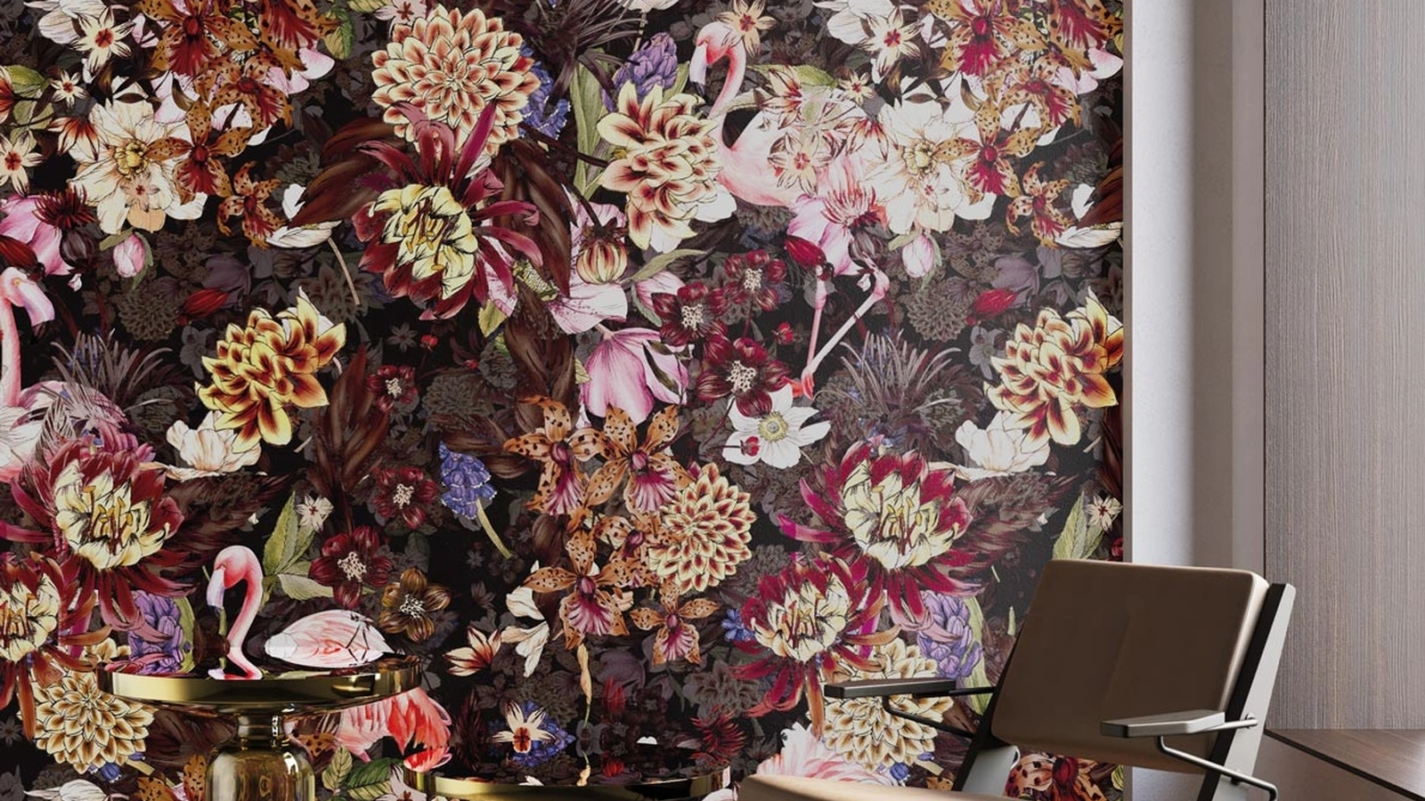 Carta da parati floreale con fenicotteri Ninfa di Instabilelab