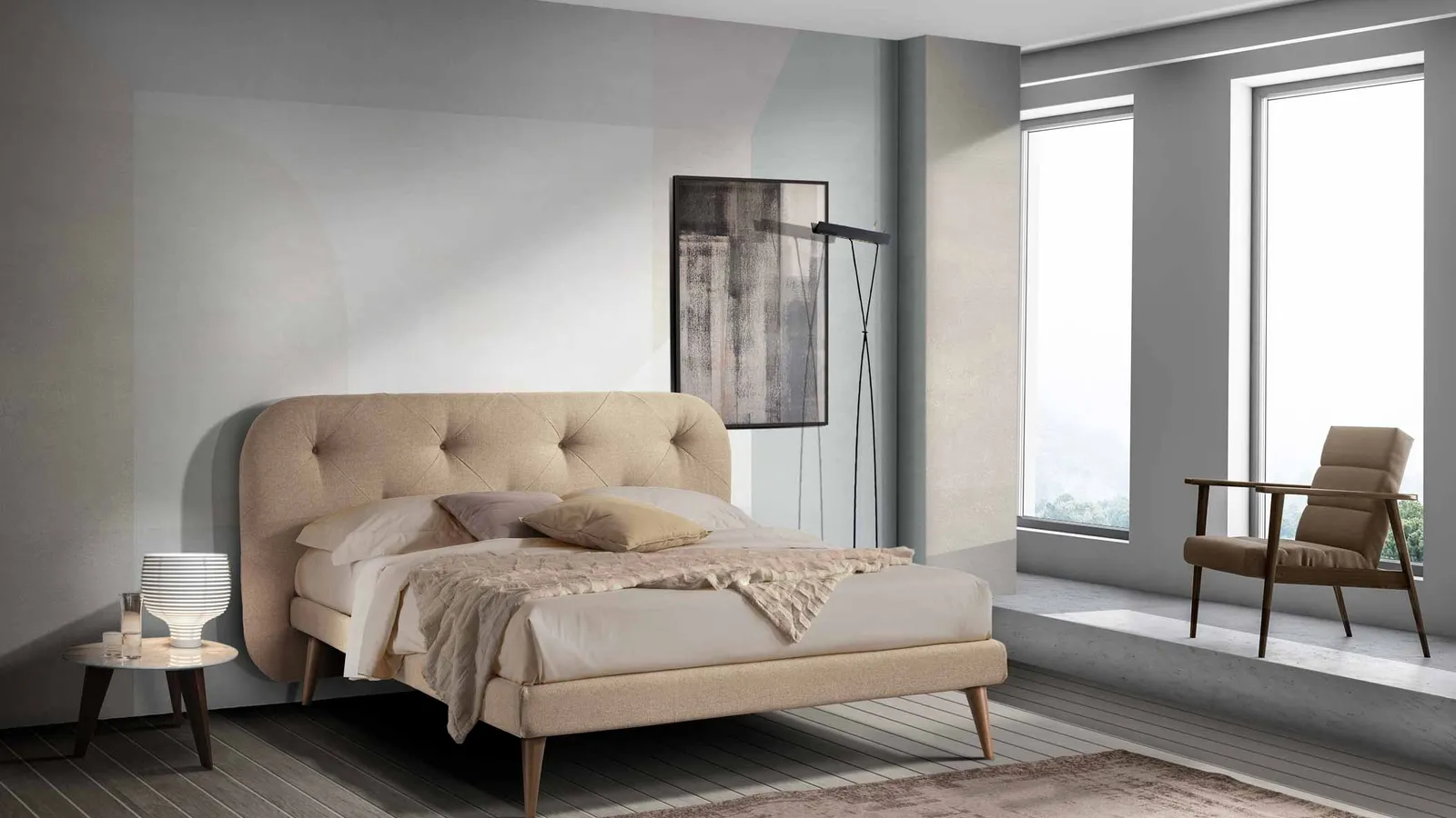 Letto Temple Slim con testiera imbottita e trapuntata di San Lorenzo