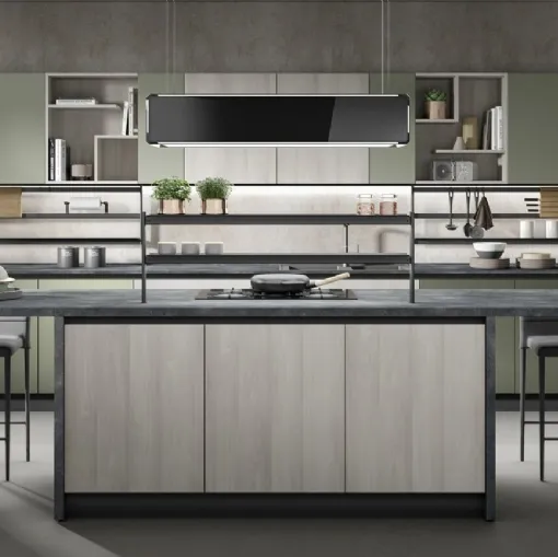 Cucina Moderna con isola Nevada finitura larice grigio e verde oliva opaco di Mobilturi