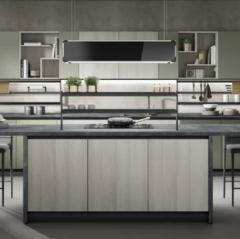 Cucina Moderna con isola Nevada finitura larice grigio e verde oliva opaco di Mobilturi