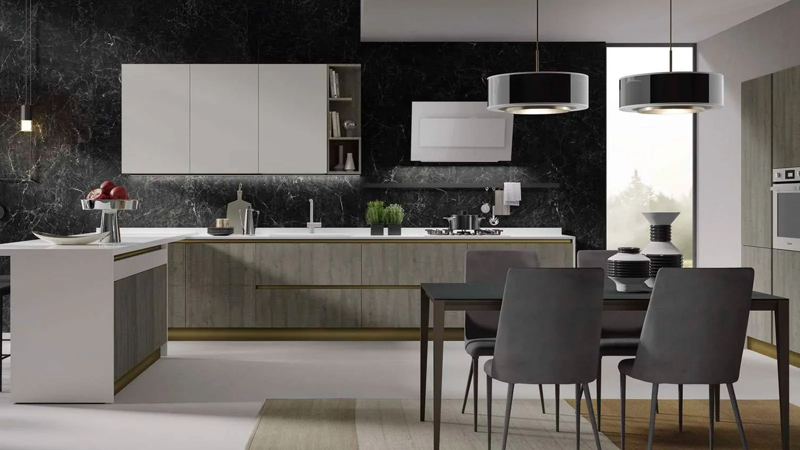 Cucina Moderna con penisola Nevada finitura grigio anticato e seta bianco opaco di Mobilturi