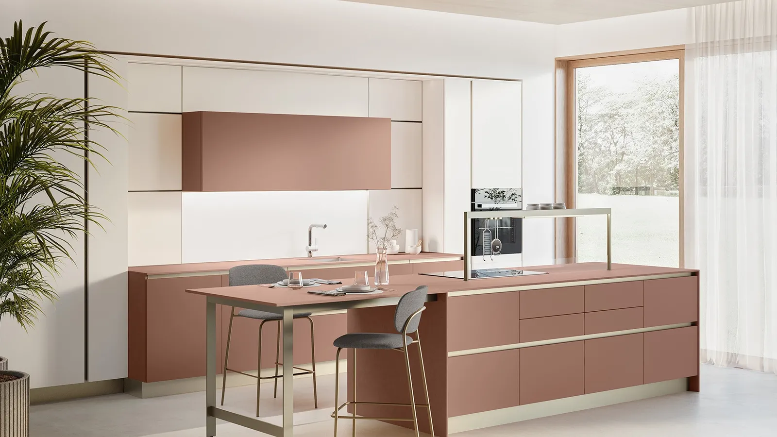 Cucina Moderna con isola Oyster 06 in laccato Rosso Etrusco e Beige Grain Dek di Veneta Cucine