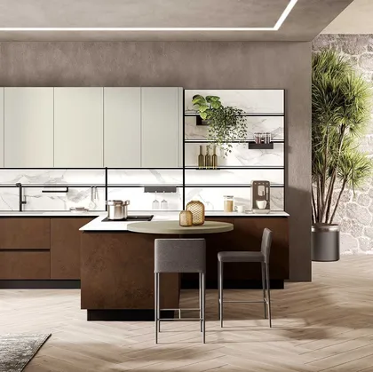 Cucina Moderna con penisola Stratos in gres fokos sale e vetro cannettato tortora di Mobilturi