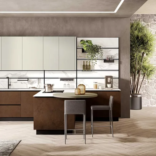 Cucina Moderna con penisola Stratos in gres fokos sale e vetro cannettato tortora di Mobilturi