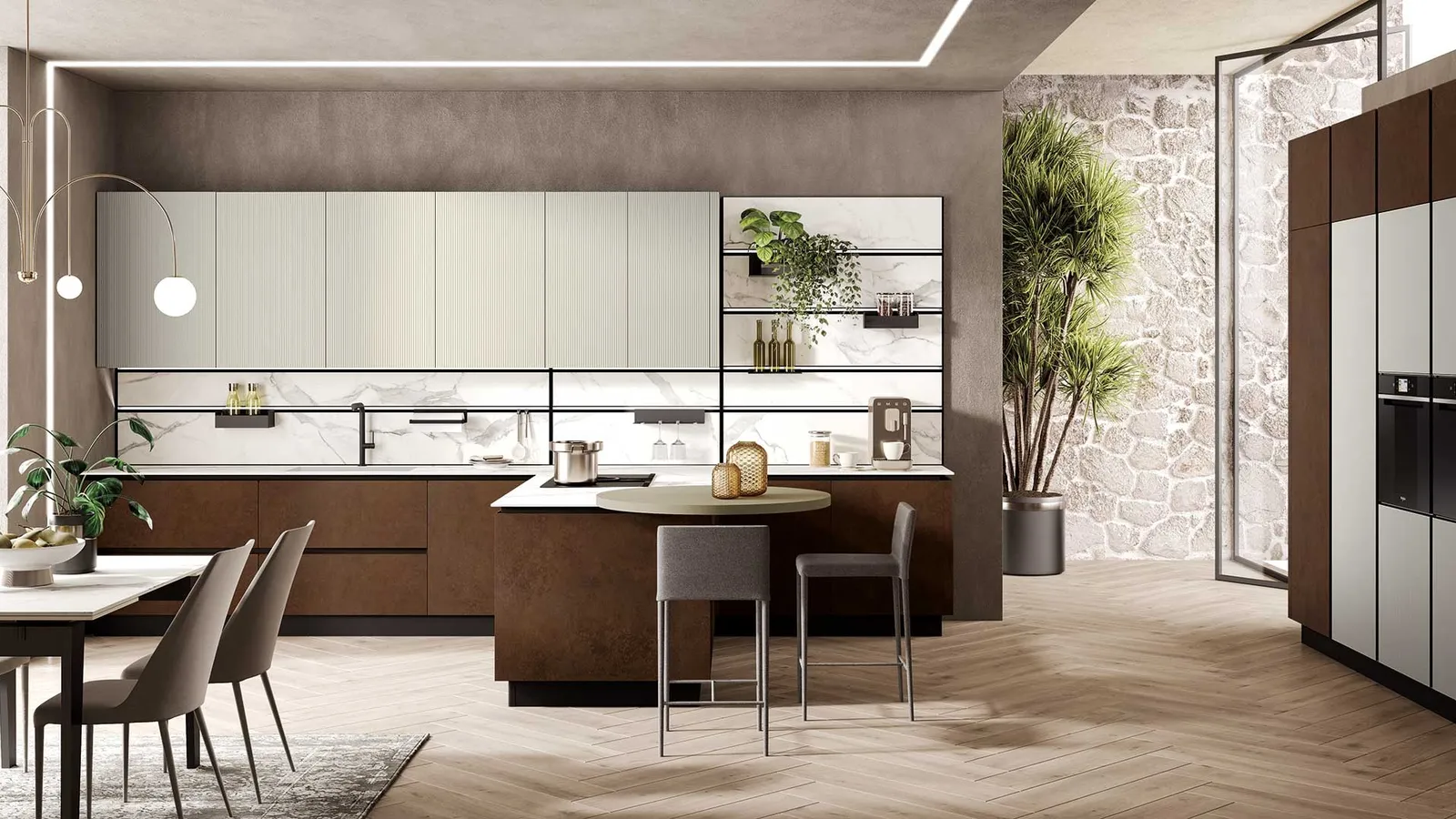 Cucina Moderna con penisola Stratos in gres fokos sale e vetro cannettato tortora di Mobilturi