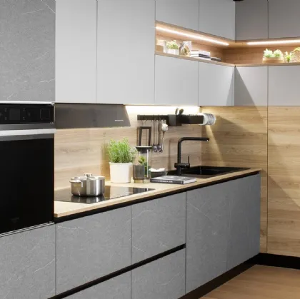 Cucina Moderna lineare Zante finitura stone ardesia, matt argento e rovere sabbia di Mobilturi