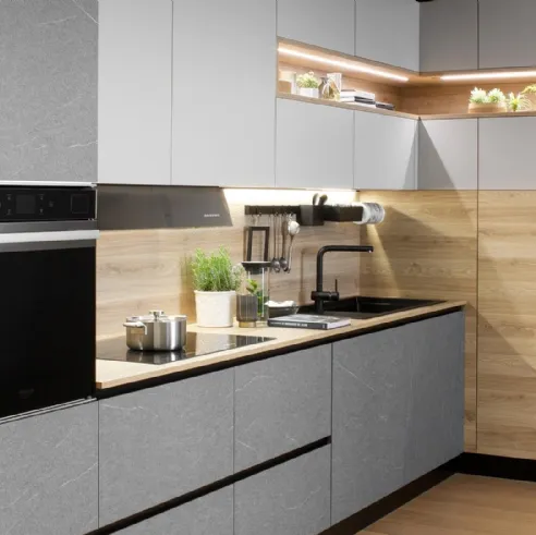 Cucina Moderna lineare Zante finitura stone ardesia, matt argento e rovere sabbia di Mobilturi